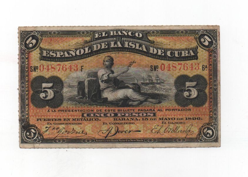 CUBA DEL AÑO 1896 DE 5 PESOS